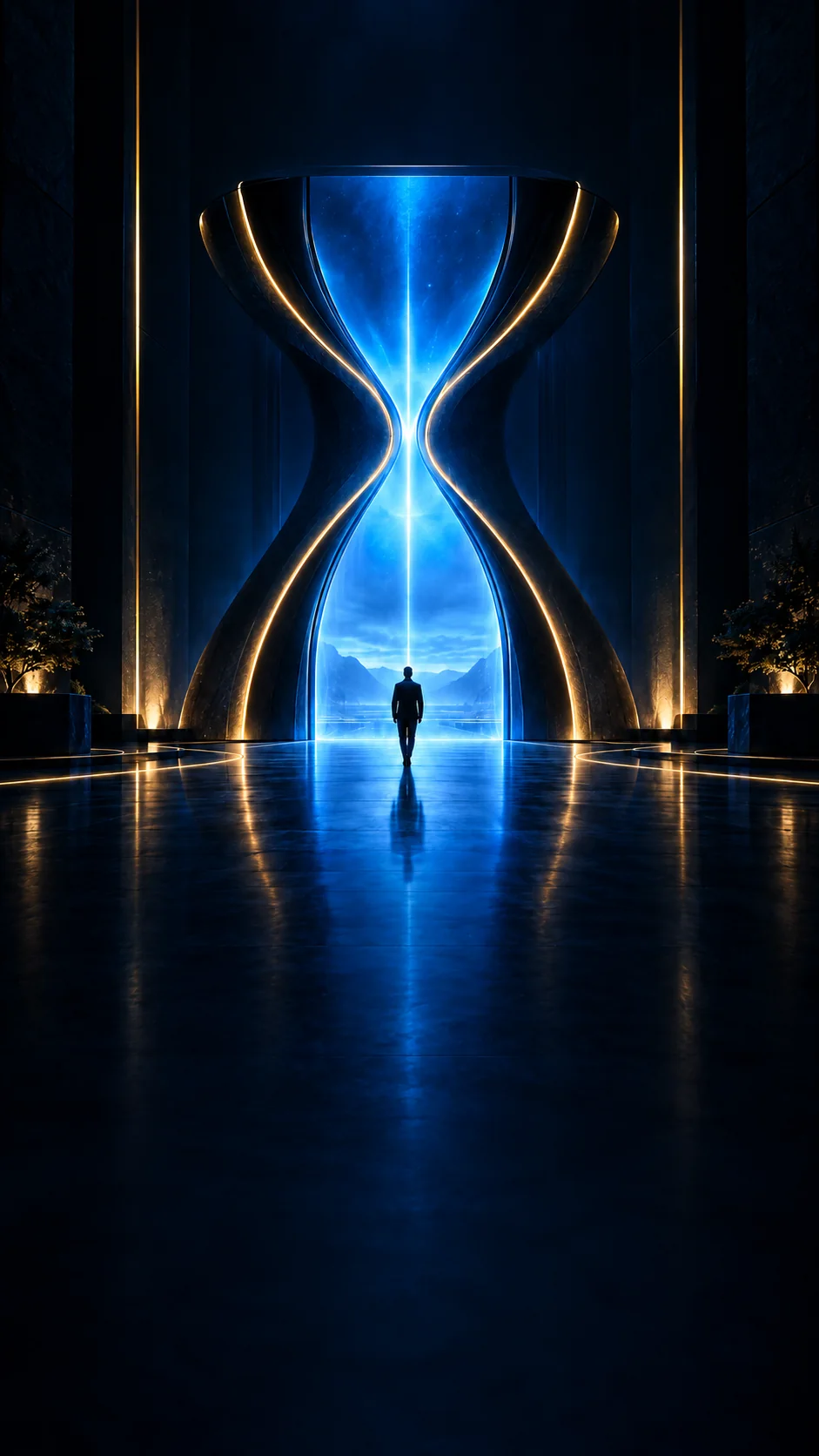 Portal-ampulheta dourado com luz azul e uma pessoa iniciando a travessia