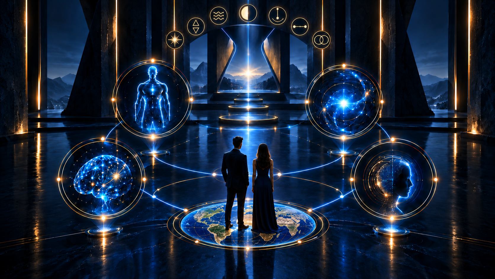 Casal sobre a Terra diante do portal AION, conectado aos quatro Sistemas por fios luminosos azuis e dourados